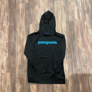 Patagonia Boys Black Hoodie with Teal Logo